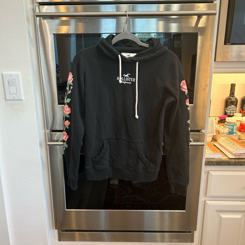 Hollister Black Hoodie with Pink Floral Sleeves, XS, GUC